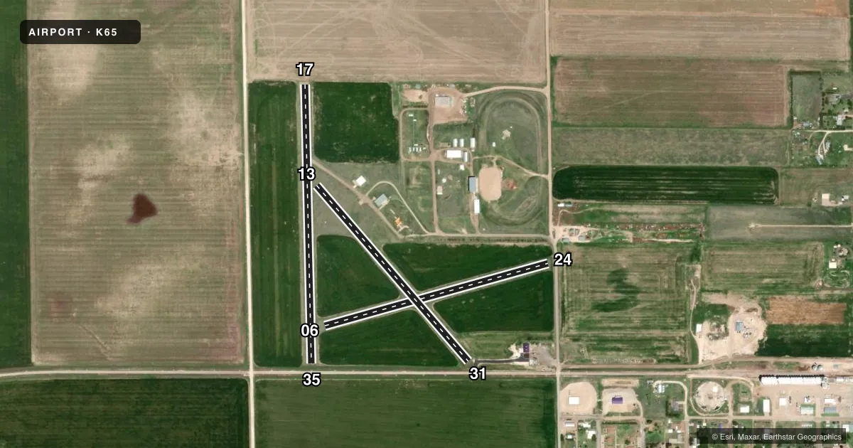 Top-down satellite sketch of K65 DIGHTON in DIGHTON, KANSAS, showing runways 17/35, 13/31, 06/24 drawn to scale over Esri World Imagery