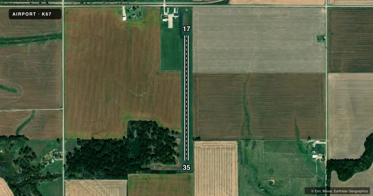 Top-down satellite sketch of K67 OSWEGO MUNI in OSWEGO, KANSAS, showing runways 17/35 drawn to scale over Esri World Imagery