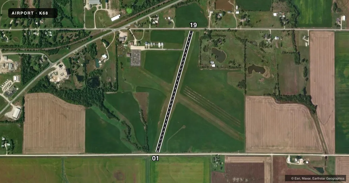 Top-down satellite sketch of K68 GARNETT MUNI in GARNETT, KANSAS, showing runways 01/19 drawn to scale over Esri World Imagery