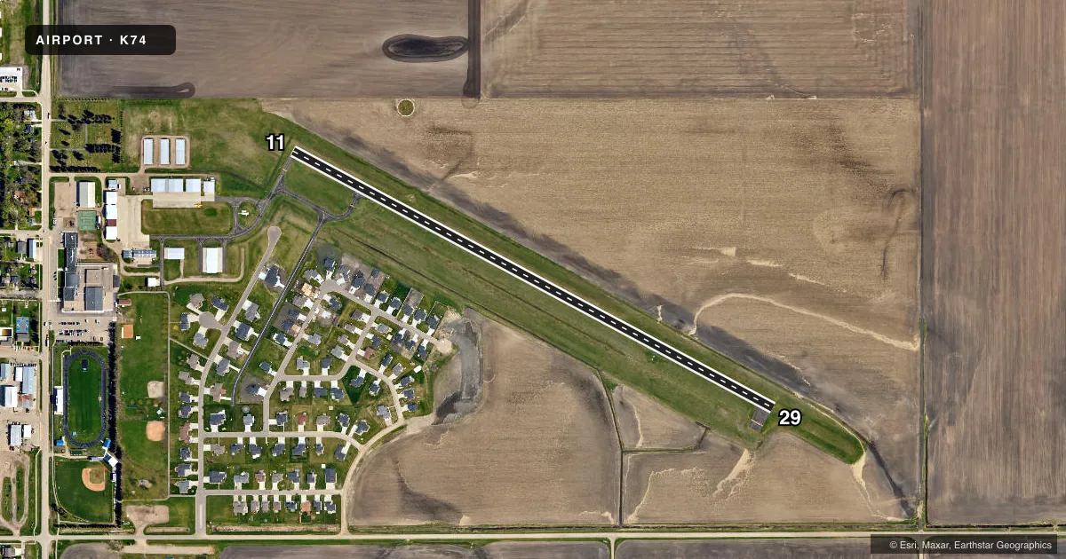 Top-down satellite sketch of K74 ROBERT ODEGAARD FLD in KINDRED, NORTH DAKOTA, showing runways 11/29 drawn to scale over Esri World Imagery