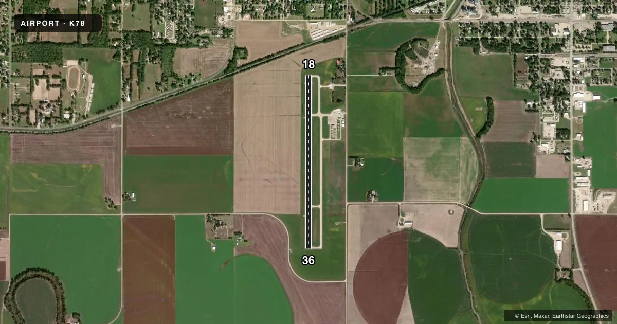 Top-down satellite sketch of K78 ABILENE MUNI in ABILENE, KANSAS, showing runways 18/36 drawn to scale over Esri World Imagery