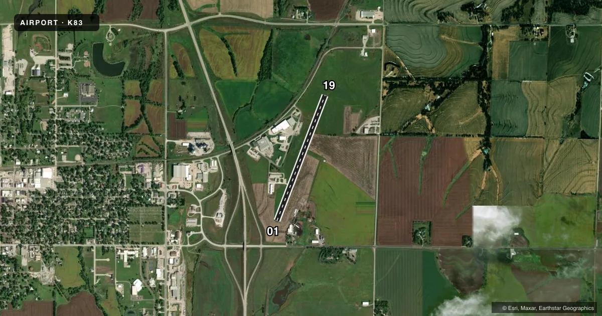 Top-down satellite sketch of K83 SABETHA MUNI in SABETHA, KANSAS, showing runways 01/19 drawn to scale over Esri World Imagery
