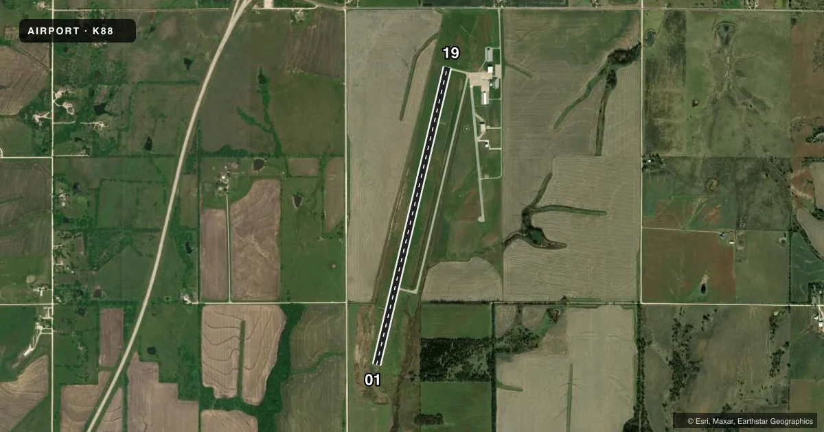 Top-down satellite sketch of K88 ALLEN COUNTY in IOLA, KANSAS, showing runways 01/19 drawn to scale over Esri World Imagery