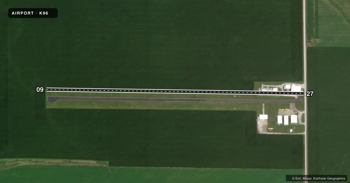 Top-down satellite sketch of K96 TUSCOLA in TUSCOLA, ILLINOIS, showing runways 09/27 drawn to scale over Esri World Imagery