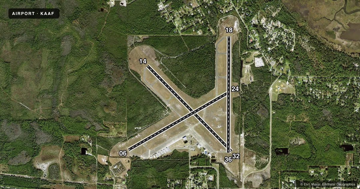 Top-down satellite sketch of KAAF APALACHICOLA RGNL-CLEVE RANDOLPH FLD in APALACHICOLA, FLORIDA, showing runways 14/32, 06/24, 18/36 drawn to scale over Esri World Imagery