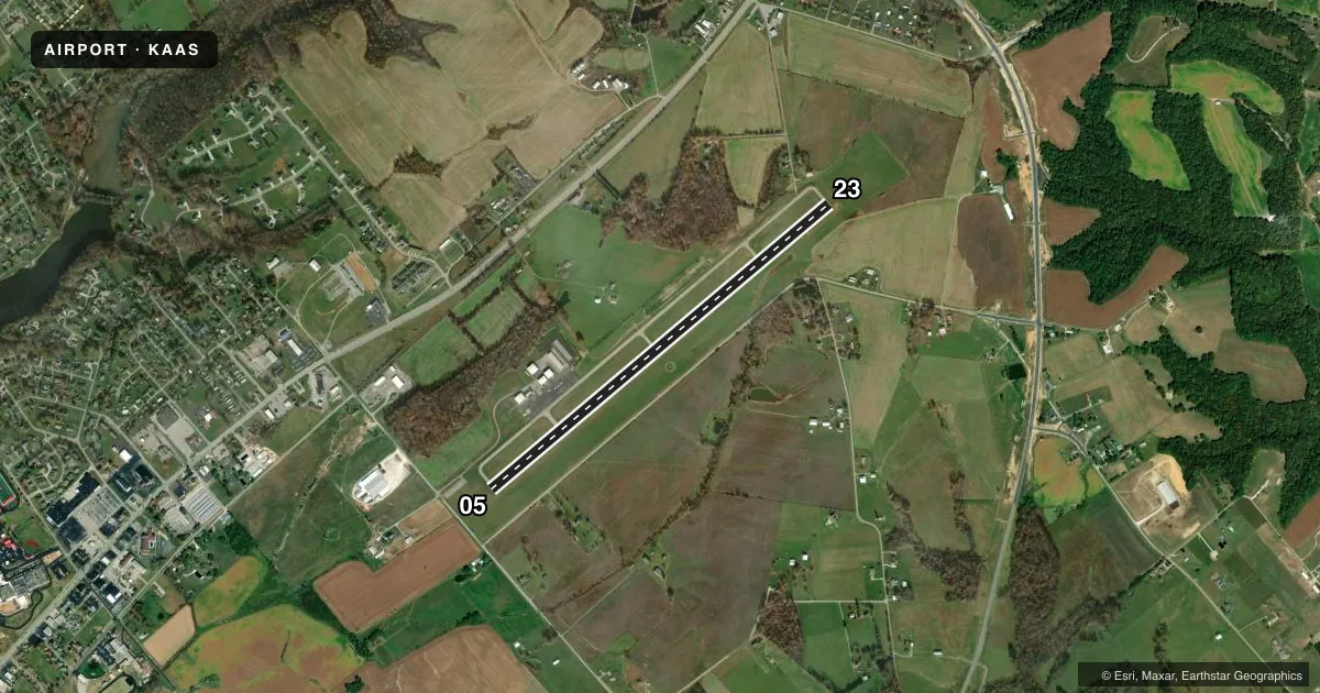 Top-down satellite sketch of KAAS TAYLOR COUNTY in CAMPBELLSVILLE, KENTUCKY, showing runways 05/23 drawn to scale over Esri World Imagery
