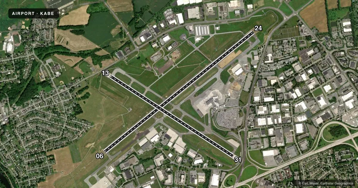 Top-down satellite sketch of KABE LEHIGH VALLEY INTL in ALLENTOWN, PENNSYLVANIA, showing runways 06/24, 13/31 drawn to scale over Esri World Imagery