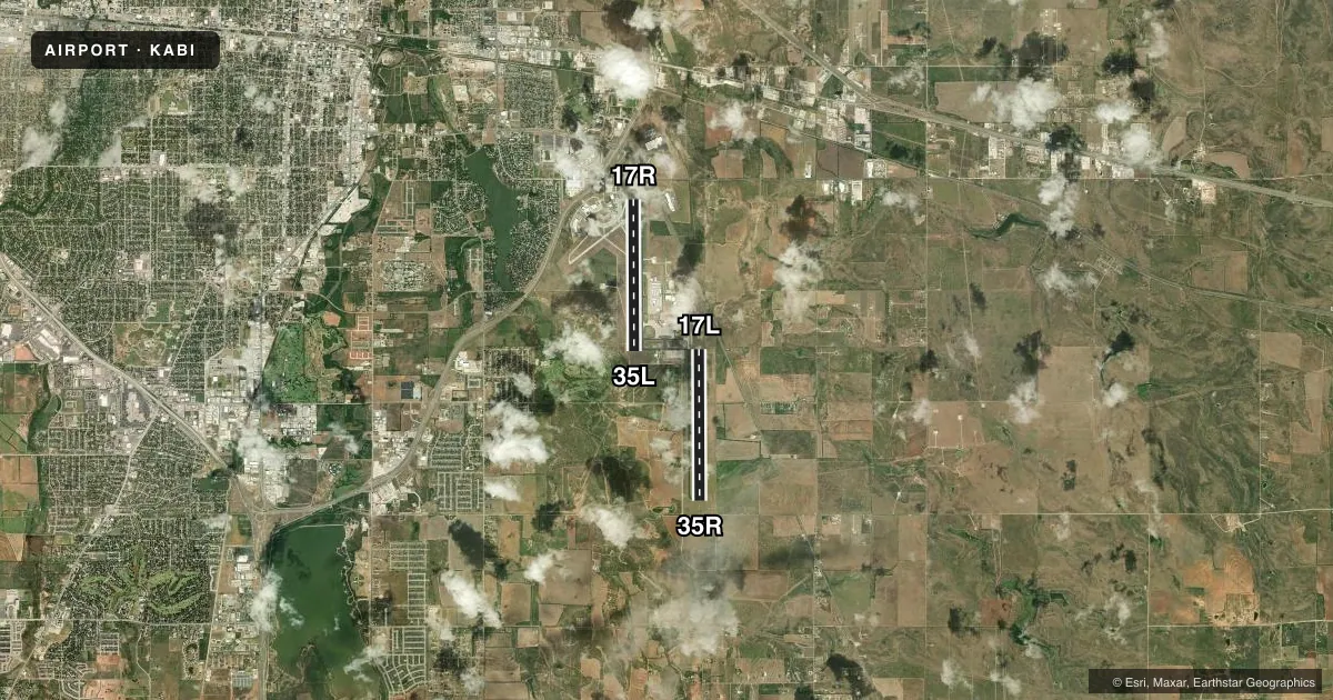 Top-down satellite sketch of KABI ABILENE RGNL in ABILENE, TEXAS, showing runways 17R/35L, 17L/35R drawn to scale over Esri World Imagery