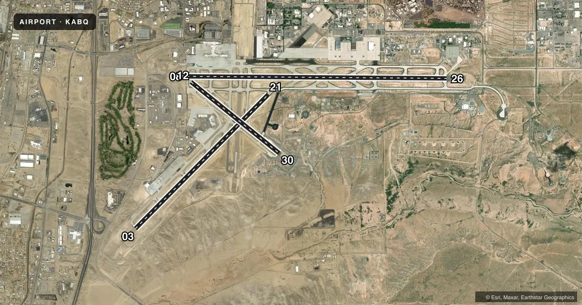 Top-down satellite sketch of KABQ ALBUQUERQUE INTL SUNPORT in ALBUQUERQUE, NEW MEXICO, showing runways 08/26, 03/21, 12/30 drawn to scale over Esri World Imagery