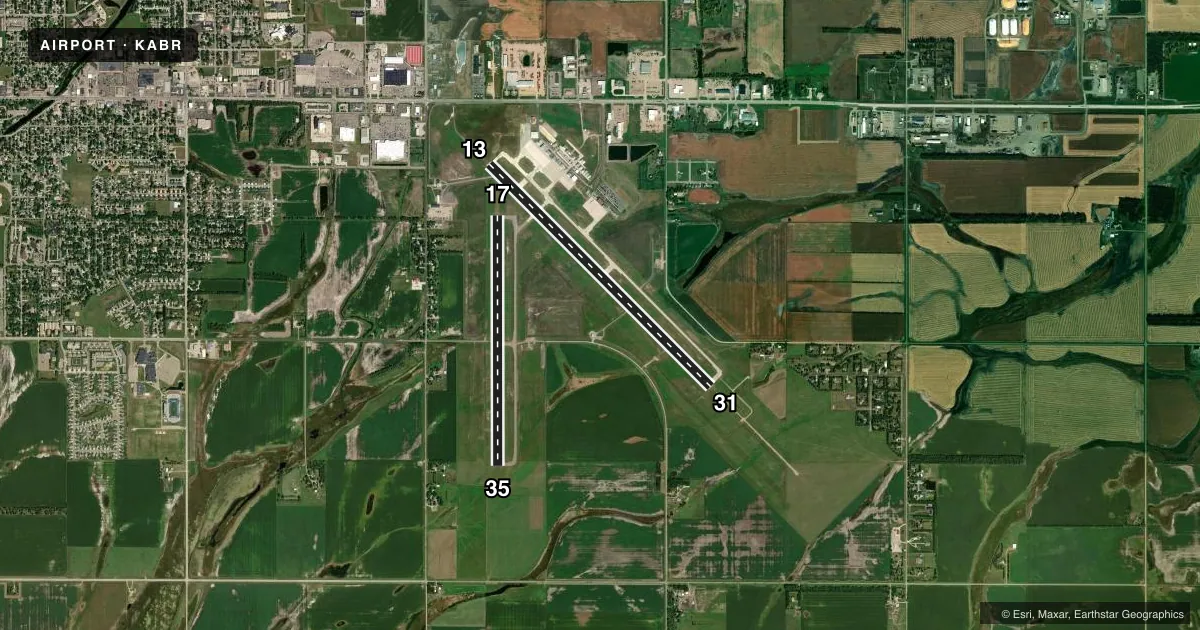Top-down satellite sketch of KABR ABERDEEN RGNL in ABERDEEN, SOUTH DAKOTA, showing runways 13/31, 17/35 drawn to scale over Esri World Imagery