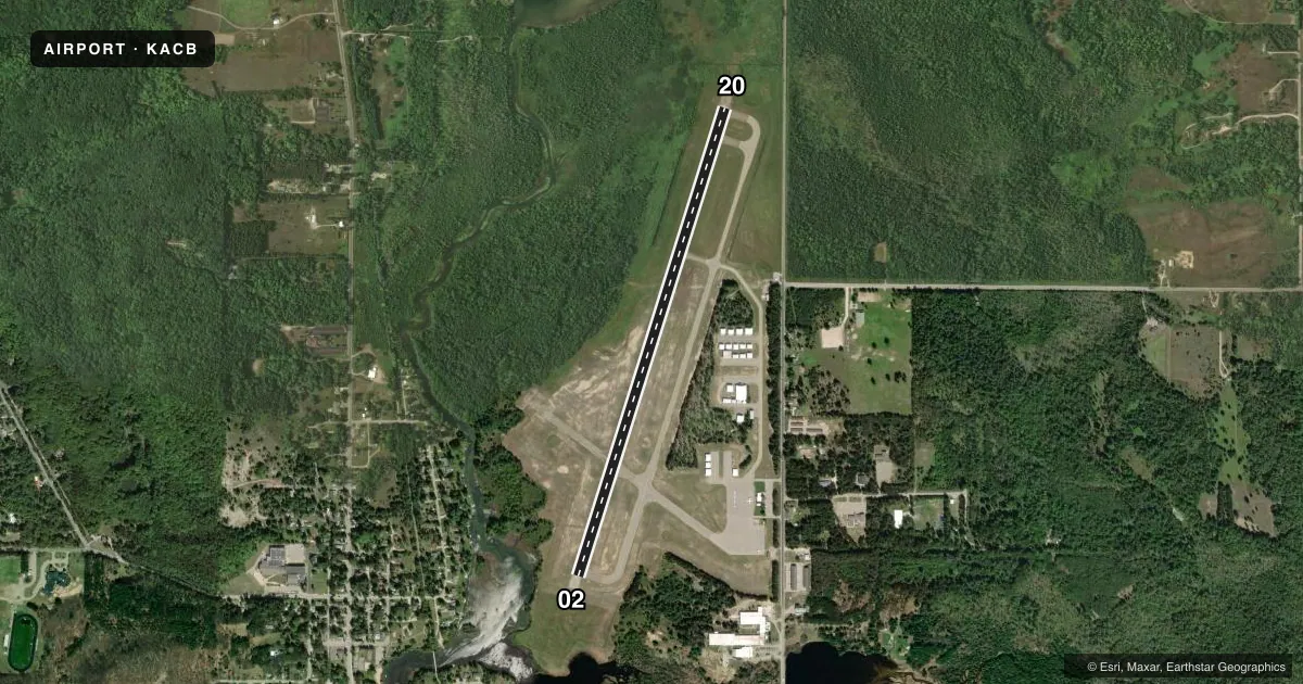 Top-down satellite sketch of KACB ANTRIM COUNTY in BELLAIRE, MICHIGAN, showing runways 02/20 drawn to scale over Esri World Imagery