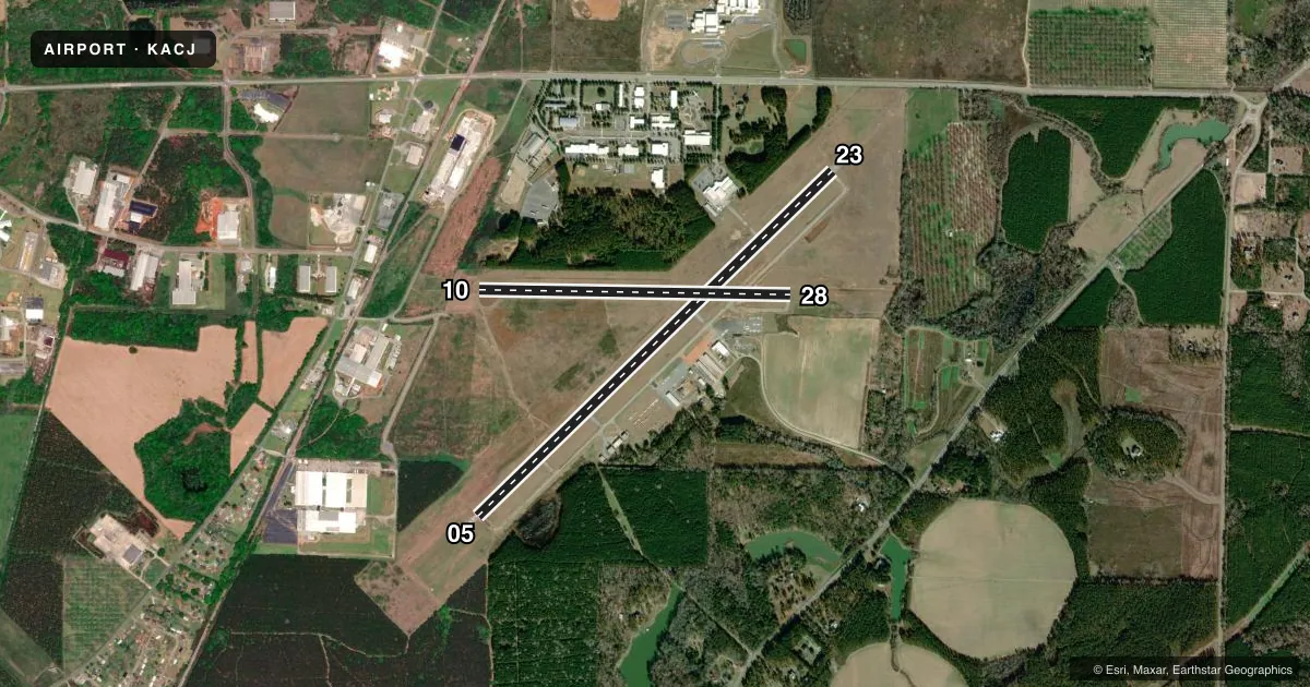 Top-down satellite sketch of KACJ JIMMY CARTER RGNL in AMERICUS, GEORGIA, showing runways 05/23, 10/28 drawn to scale over Esri World Imagery