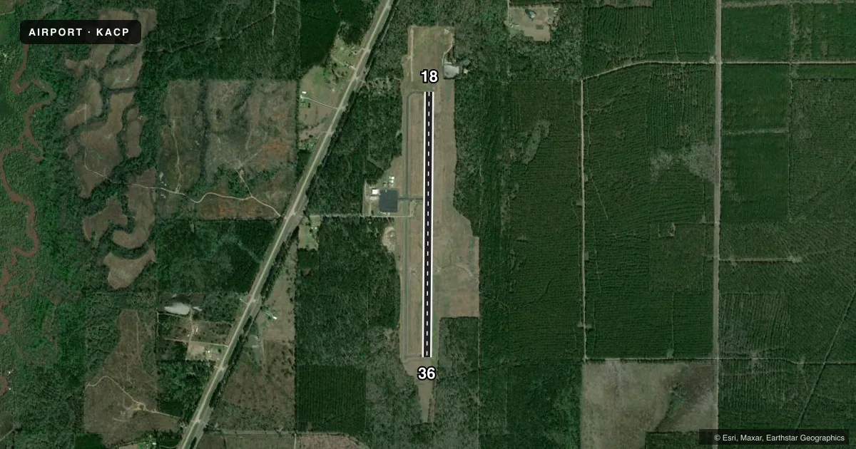 Top-down satellite sketch of KACP ALLEN PARISH in OAKDALE, LOUISIANA, showing runways 18/36 drawn to scale over Esri World Imagery