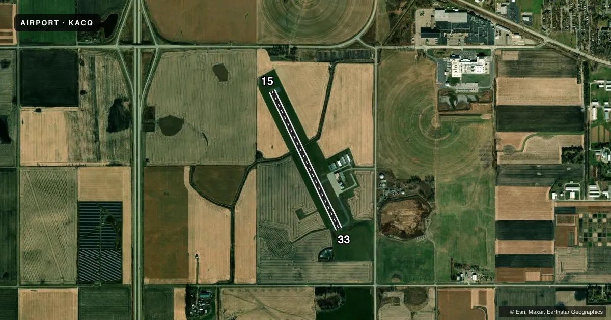 Top-down satellite sketch of KACQ WASECA MUNI/MAYNARD RICHARD STENSRUD FLD in WASECA, MINNESOTA, showing runways 15/33 drawn to scale over Esri World Imagery