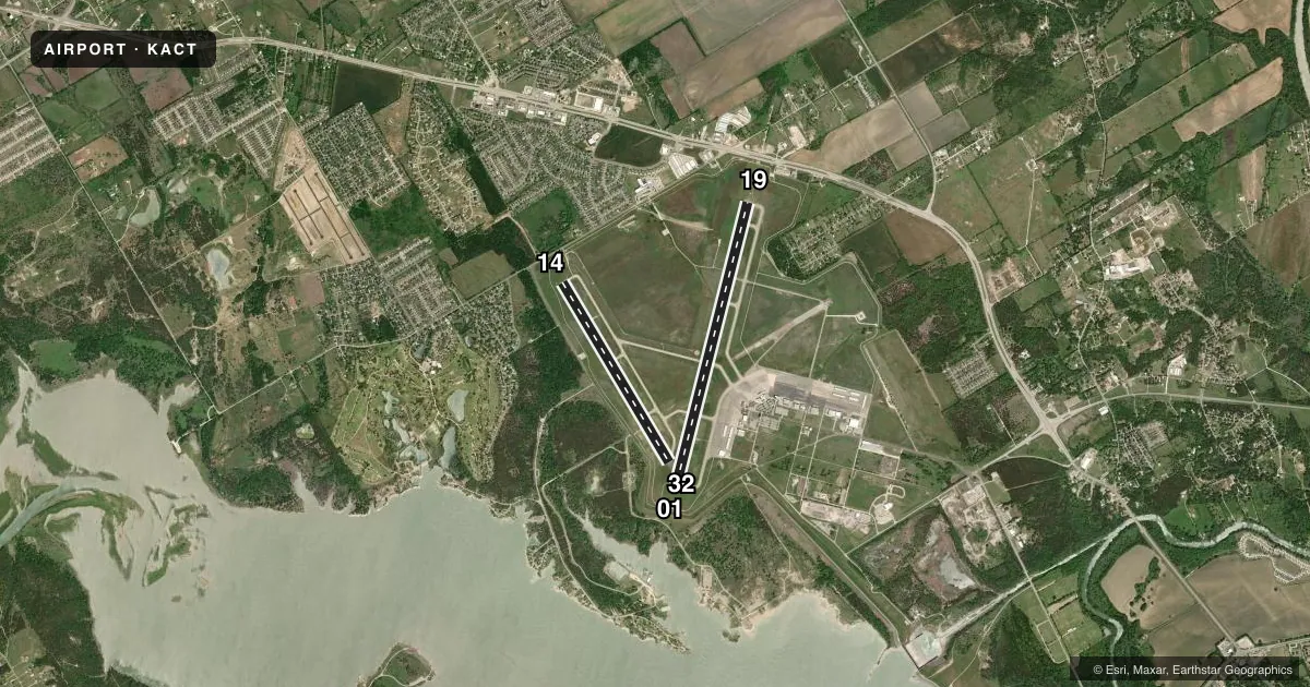 Top-down satellite sketch of KACT WACO RGNL in WACO, TEXAS, showing runways 01/19, 14/32 drawn to scale over Esri World Imagery