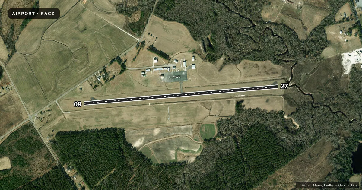 Top-down satellite sketch of KACZ WALLACE-PENDER in WALLACE, NORTH CAROLINA, showing runways 09/27 drawn to scale over Esri World Imagery