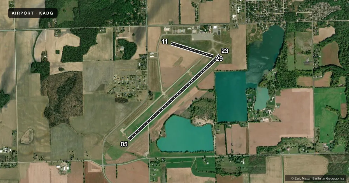 Top-down satellite sketch of KADG LENAWEE COUNTY in ADRIAN, MICHIGAN, showing runways 05/23, 11/29 drawn to scale over Esri World Imagery