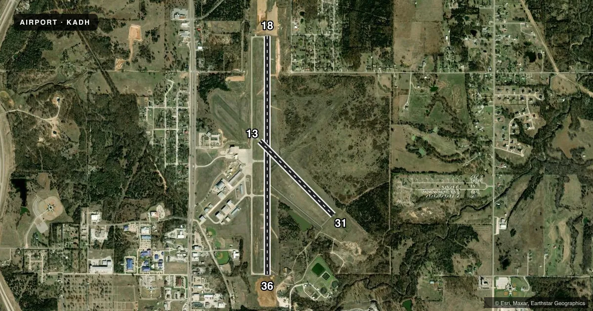 Top-down satellite sketch of KADH ADA RGNL in ADA, OKLAHOMA, showing runways 18/36, 13/31 drawn to scale over Esri World Imagery