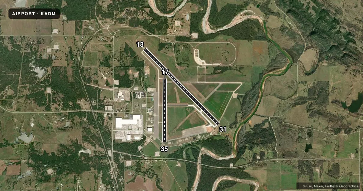 Top-down satellite sketch of KADM ARDMORE MUNI in ARDMORE, OKLAHOMA, showing runways 13/31, 17/35 drawn to scale over Esri World Imagery
