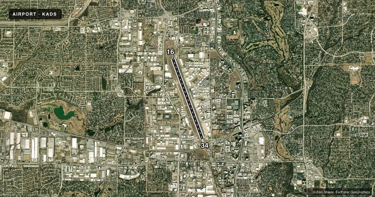 Top-down satellite sketch of KADS ADDISON in DALLAS, TEXAS, showing runways 16/34 drawn to scale over Esri World Imagery