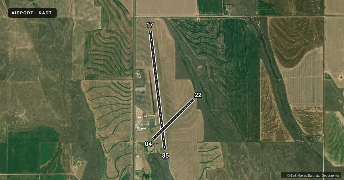 Top-down satellite sketch of KADT ATWOOD/RAWLINS COUNTY in ATWOOD, KANSAS, showing runways 17/35, 04/22 drawn to scale over Esri World Imagery