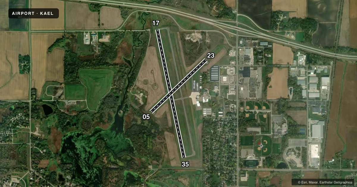 Top-down satellite sketch of KAEL ALBERT LEA MUNI in ALBERT LEA, MINNESOTA, showing runways 17/35, 05/23 drawn to scale over Esri World Imagery