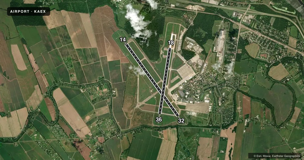 Top-down satellite sketch of KAEX ALEXANDRIA INTL in ALEXANDRIA, LOUISIANA, showing runways 14/32, 18/36 drawn to scale over Esri World Imagery
