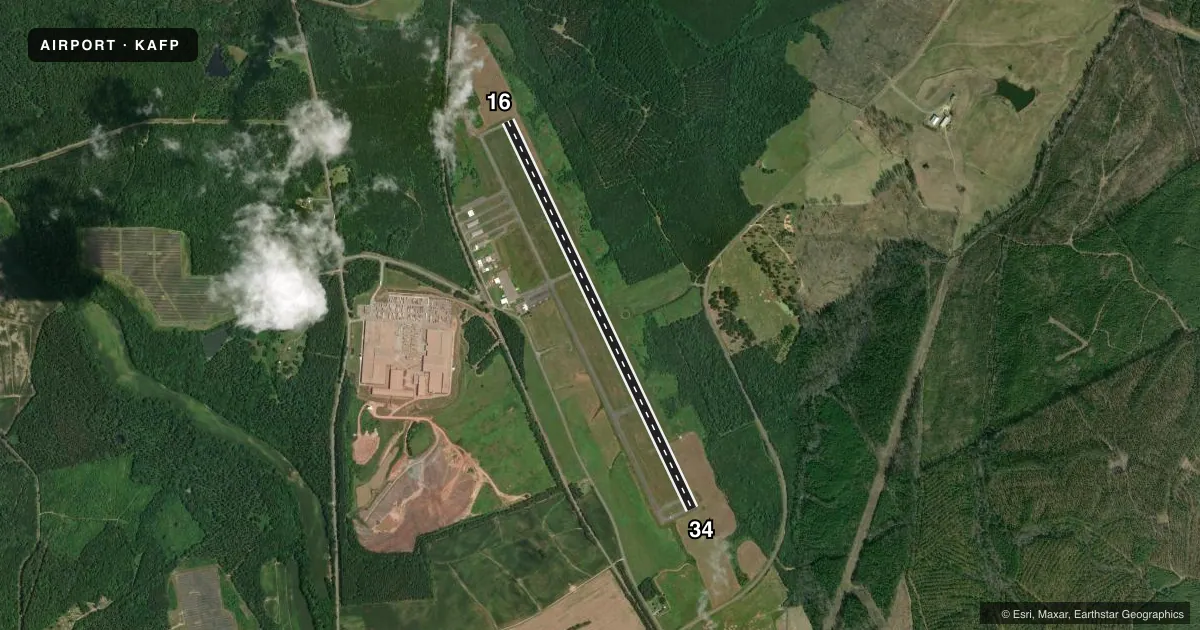 Top-down satellite sketch of KAFP ANSON COUNTY/JEFF CLOUD FLD in WADESBORO, NORTH CAROLINA, showing runways 16/34 drawn to scale over Esri World Imagery