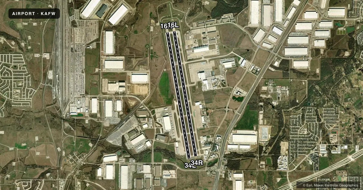 Top-down satellite sketch of KAFW PEROT FLD/FORT WORTH ALLIANCE in FORT WORTH, TEXAS, showing runways 16R/34L, 16L/34R drawn to scale over Esri World Imagery