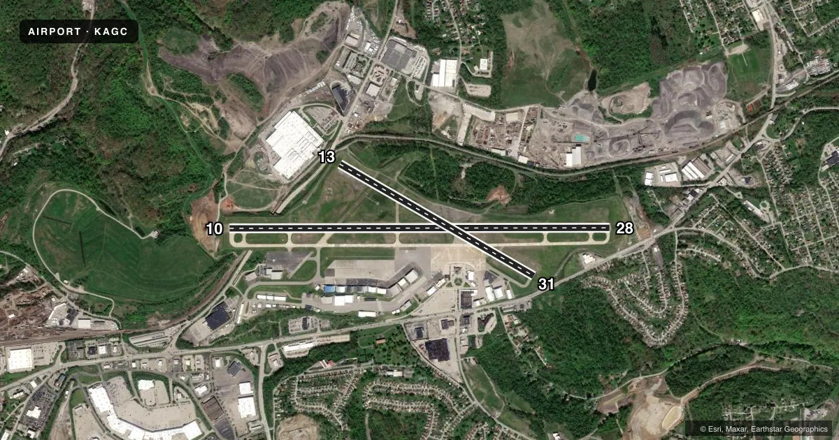 Top-down satellite sketch of KAGC ALLEGHENY COUNTY in PITTSBURGH, PENNSYLVANIA, showing runways 10/28, 13/31 drawn to scale over Esri World Imagery