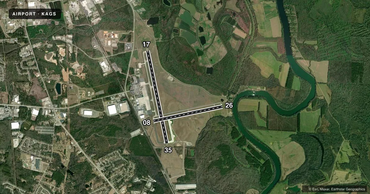 Top-down satellite sketch of KAGS AUGUSTA RGNL AT BUSH FLD in AUGUSTA, GEORGIA, showing runways 17/35, 08/26 drawn to scale over Esri World Imagery
