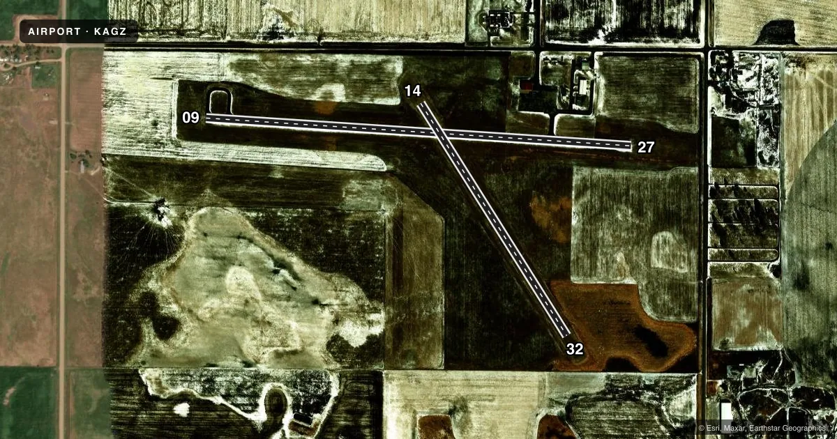 Top-down satellite sketch of KAGZ WAGNER MUNI in WAGNER, SOUTH DAKOTA, showing runways 09/27, 14/32 drawn to scale over Esri World Imagery