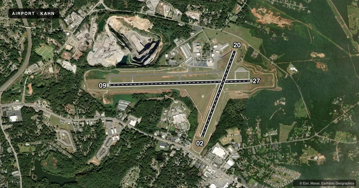 Top-down satellite sketch of KAHN ATHENS/BEN EPPS in ATHENS, GEORGIA, showing runways 09/27, 02/20 drawn to scale over Esri World Imagery