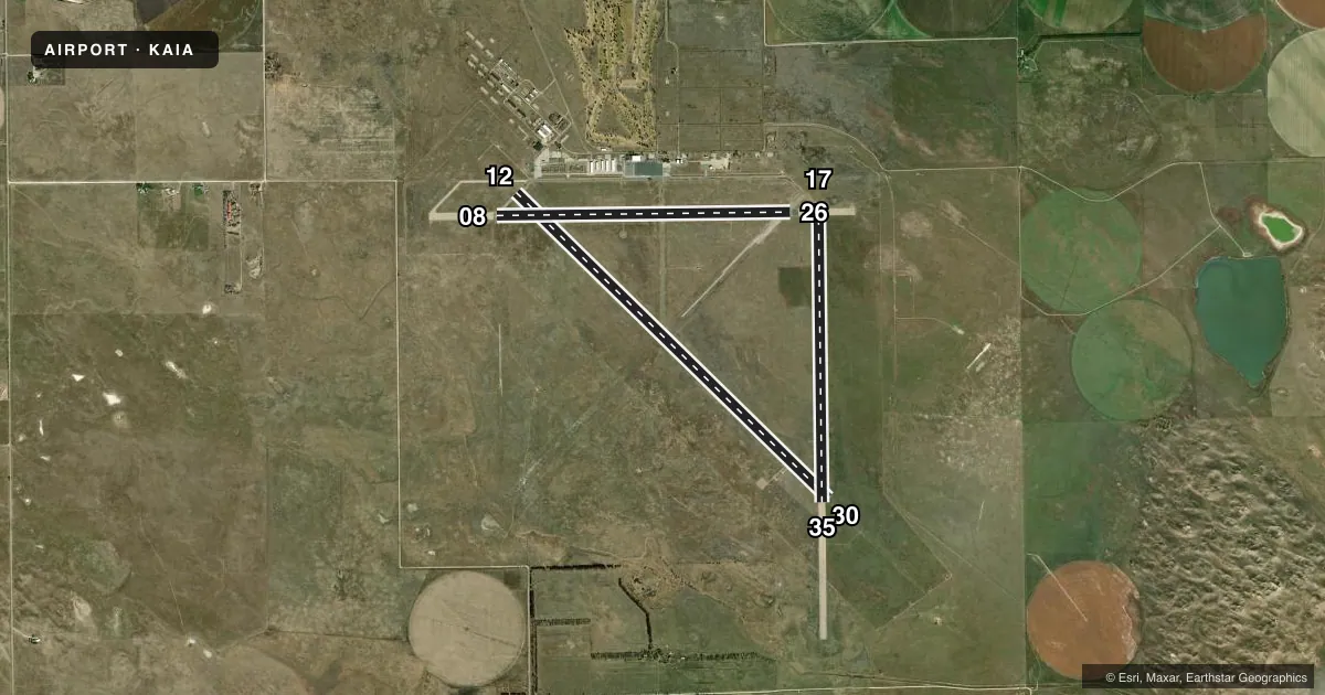 Top-down satellite sketch of KAIA ALLIANCE MUNI in ALLIANCE, NEBRASKA, showing runways 12/30, 17/35, 08/26 drawn to scale over Esri World Imagery