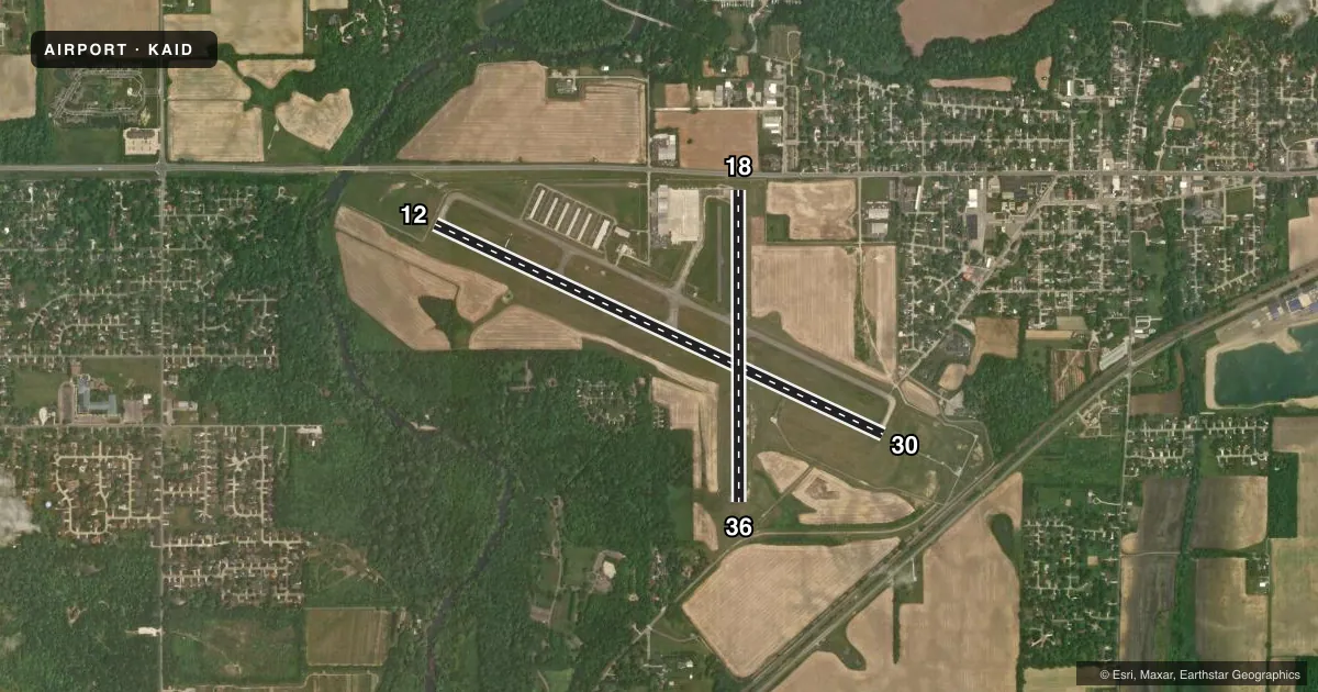 Top-down satellite sketch of KAID ANDERSON RGNL in ANDERSON, INDIANA, showing runways 12/30, 18/36 drawn to scale over Esri World Imagery
