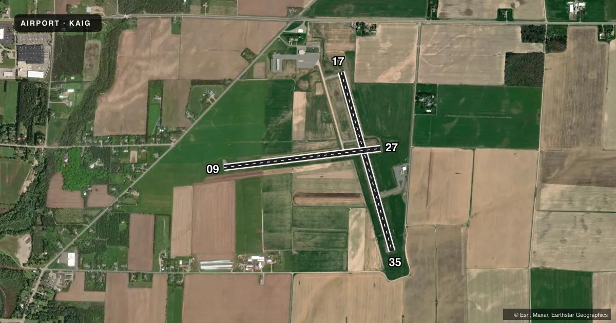 Top-down satellite sketch of KAIG LANGLADE COUNTY in ANTIGO, WISCONSIN, showing runways 17/35, 09/27 drawn to scale over Esri World Imagery