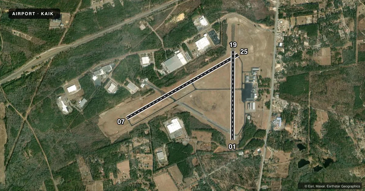 Top-down satellite sketch of KAIK AIKEN RGNL in AIKEN, SOUTH CAROLINA, showing runways 07/25, 01/19 drawn to scale over Esri World Imagery