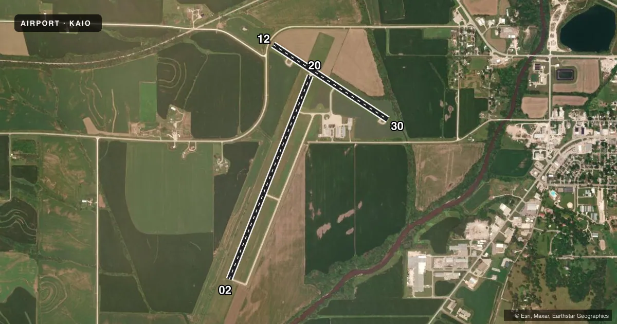 Top-down satellite sketch of KAIO ATLANTIC MUNI in ATLANTIC, IOWA, showing runways 02/20, 12/30 drawn to scale over Esri World Imagery