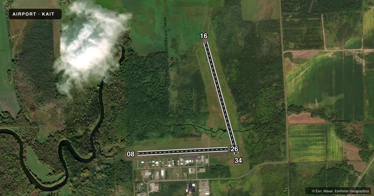Top-down satellite sketch of KAIT AITKIN MUNI/STEVE KURTZ FLD in AITKIN, MINNESOTA, showing runways 16/34, 08/26 drawn to scale over Esri World Imagery
