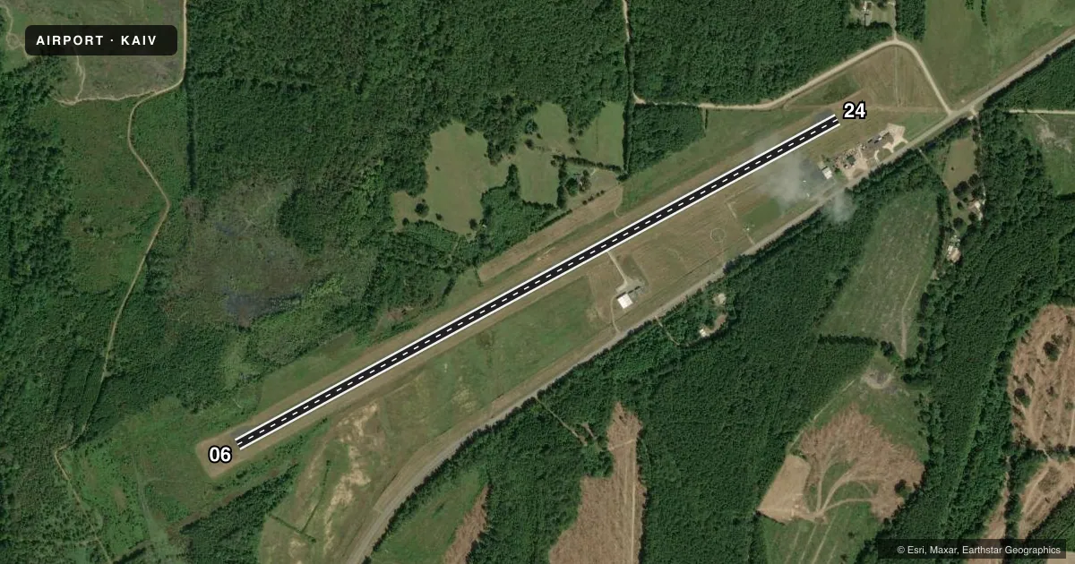 Top-down satellite sketch of KAIV GEORGE DOWNER in ALICEVILLE, ALABAMA, showing runways 06/24 drawn to scale over Esri World Imagery