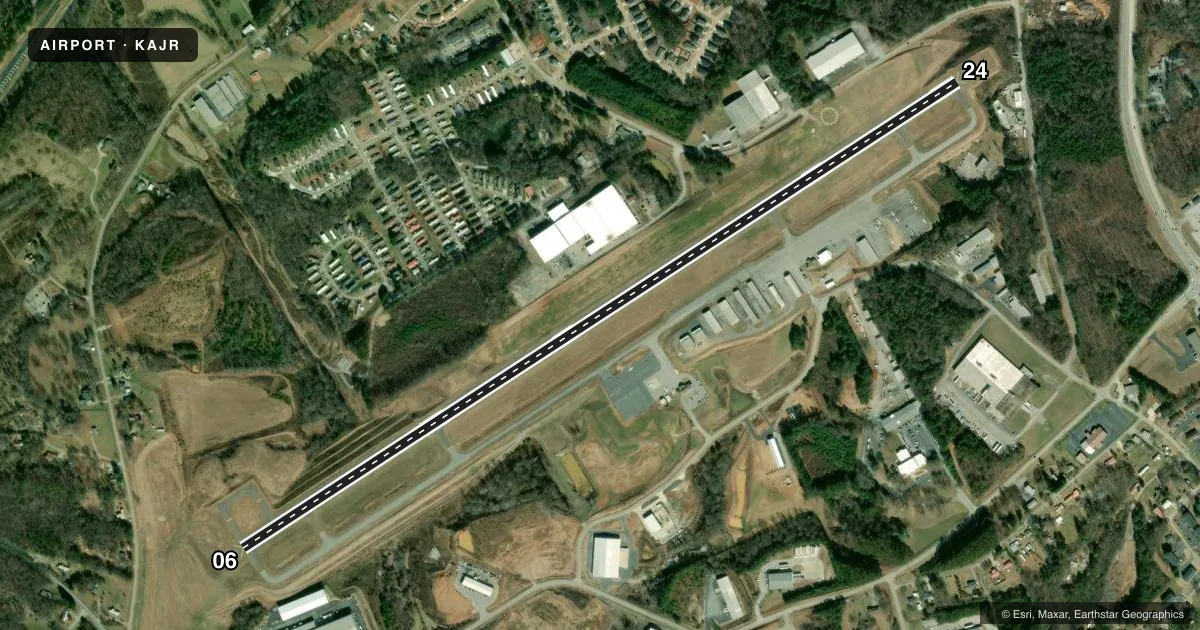 Top-down satellite sketch of KAJR HABERSHAM COUNTY in CORNELIA, GEORGIA, showing runways 06/24 drawn to scale over Esri World Imagery