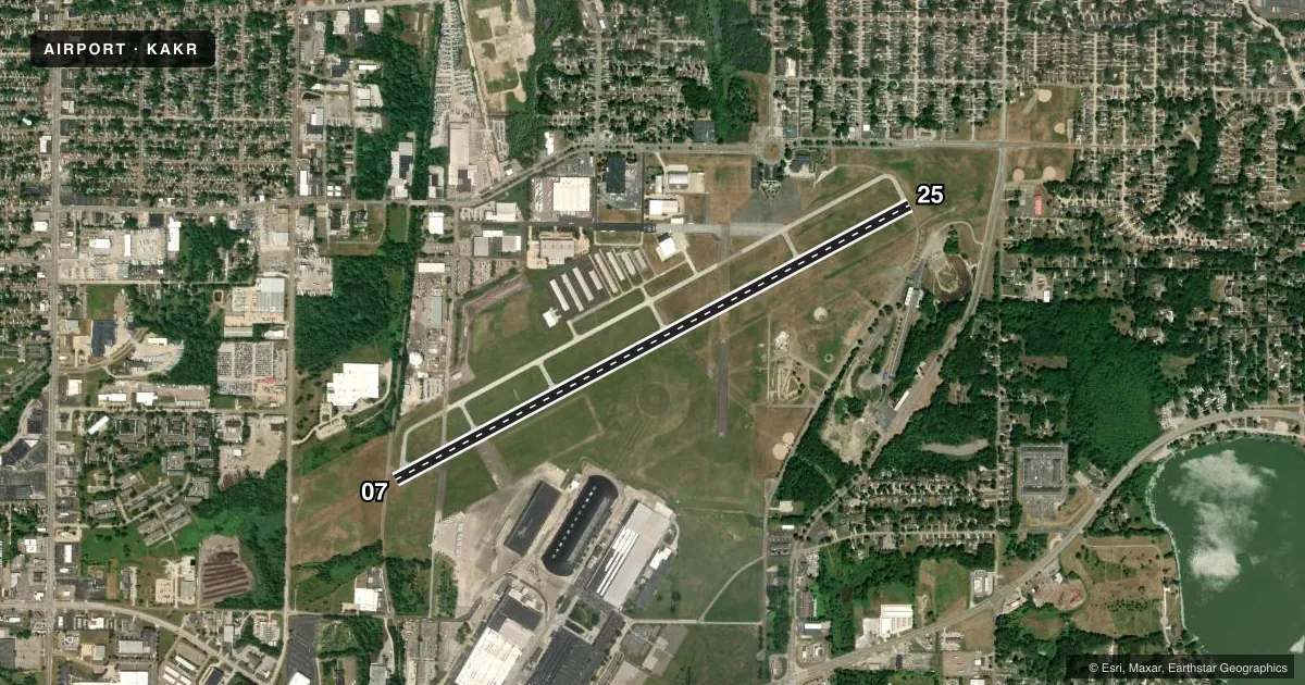 Top-down satellite sketch of KAKR AKRON FULTON INTL in AKRON, OHIO, showing runways 07/25 drawn to scale over Esri World Imagery