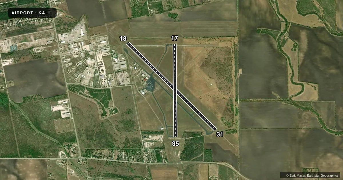 Top-down satellite sketch of KALI ALICE INTL in ALICE, TEXAS, showing runways 13/31, 17/35 drawn to scale over Esri World Imagery