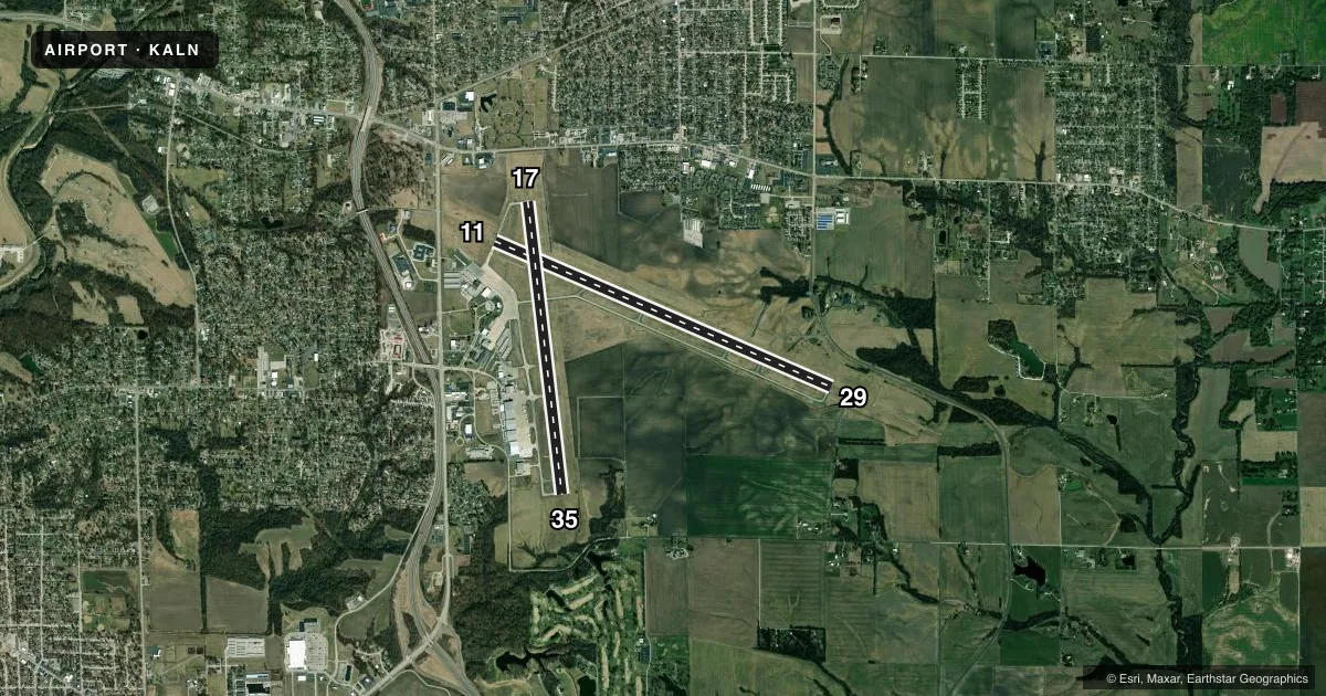 Top-down satellite sketch of KALN ST LOUIS RGNL in ALTON/ST LOUIS, ILLINOIS, showing runways 11/29, 17/35 drawn to scale over Esri World Imagery