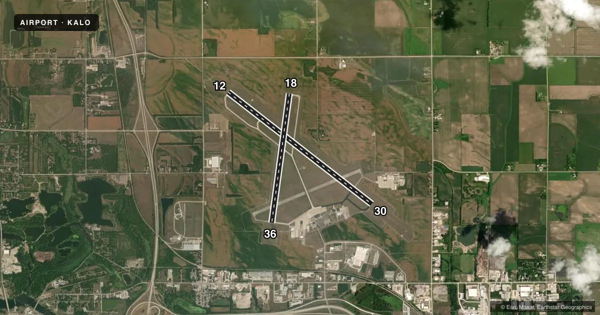 Top-down satellite sketch of KALO WATERLOO RGNL in WATERLOO, IOWA, showing runways 12/30, 18/36 drawn to scale over Esri World Imagery