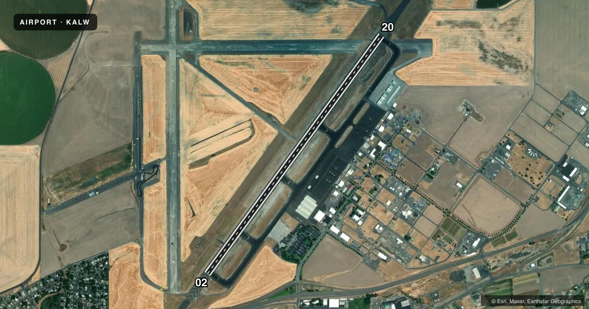 Top-down satellite sketch of KALW WALLA WALLA RGNL in WALLA WALLA, WASHINGTON, showing runways 02/20 drawn to scale over Esri World Imagery