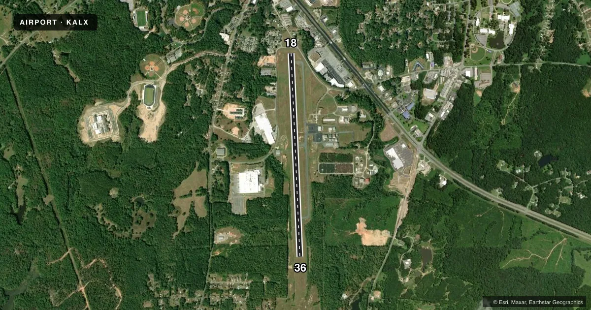 Top-down satellite sketch of KALX THOMAS C RUSSELL FLD in ALEXANDER CITY, ALABAMA, showing runways 18/36 drawn to scale over Esri World Imagery