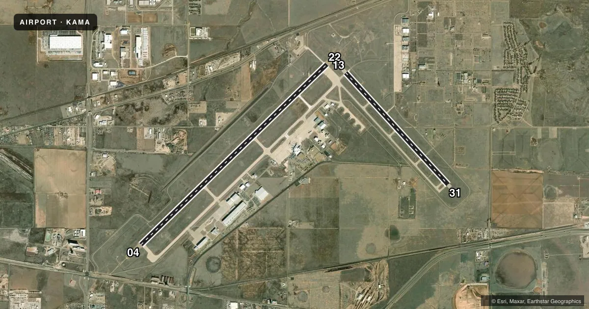 Top-down satellite sketch of KAMA RICK HUSBAND AMARILLO INTL in AMARILLO, TEXAS, showing runways 04/22, 13/31 drawn to scale over Esri World Imagery