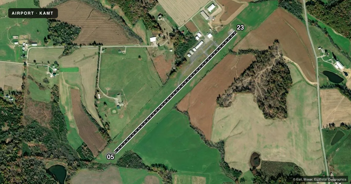 Top-down satellite sketch of KAMT ALEXANDER SALAMON in WEST UNION, OHIO, showing runways 05/23 drawn to scale over Esri World Imagery