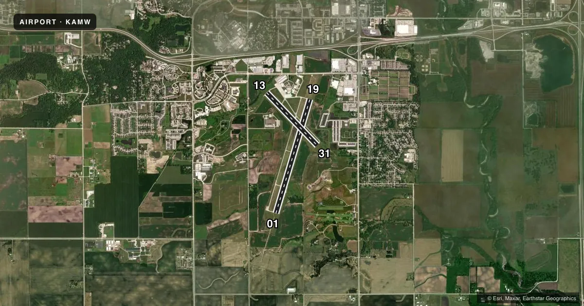 Top-down satellite sketch of KAMW AMES MUNI in AMES, IOWA, showing runways 01/19, 13/31 drawn to scale over Esri World Imagery